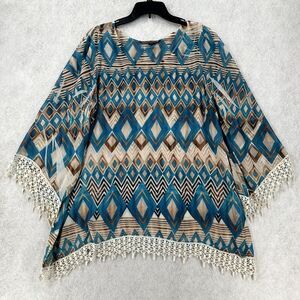 Mushka by Sienna‎ Rose Kimono Top LG Boho Gypsy Chiffon Drapey Blouse Crochet